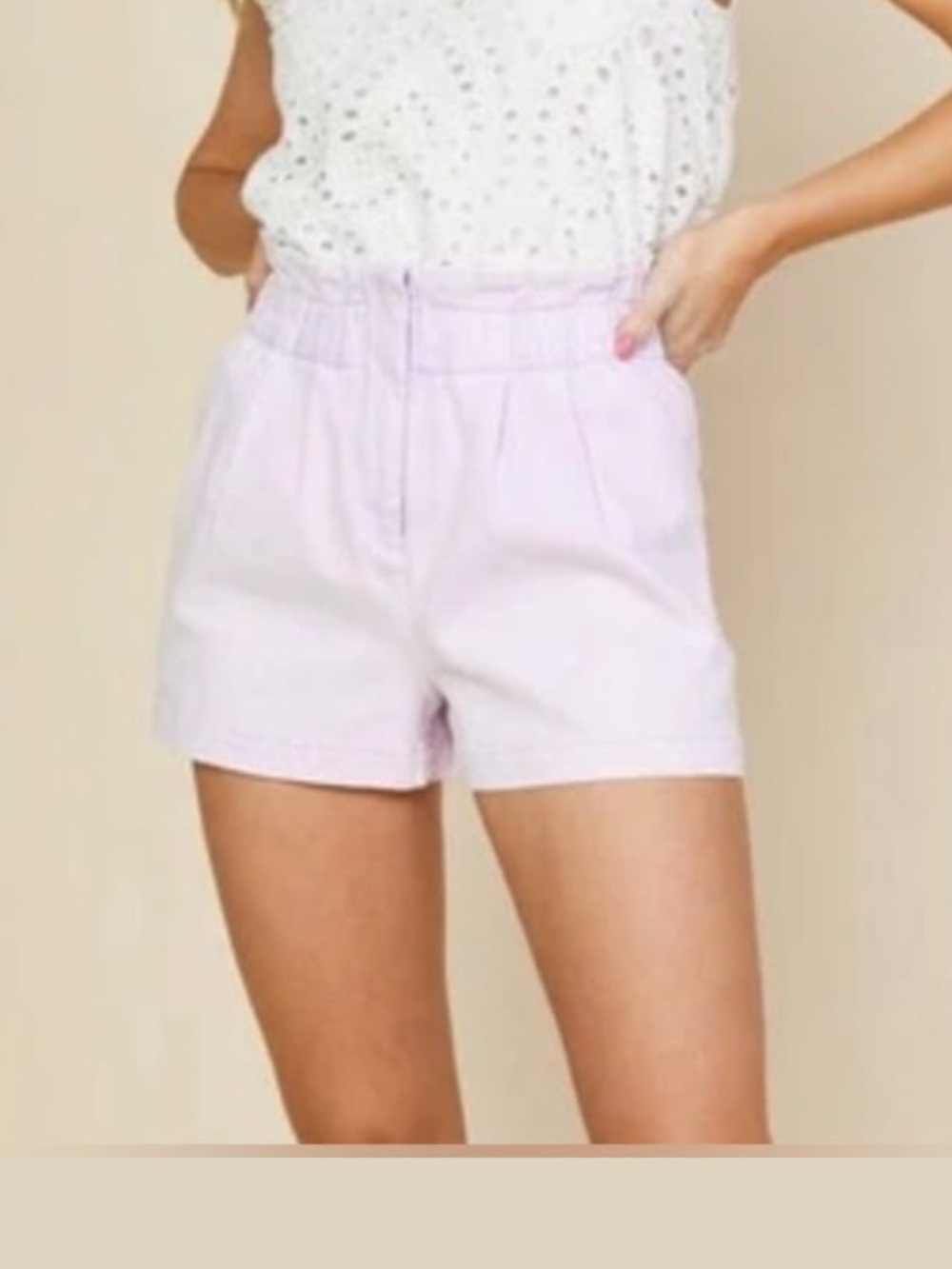 Skies are Blue paper bag denim shorts pink lavender